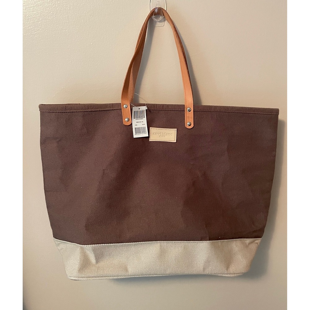 Carre Blanc Paris Greg Sac 13E Taupe Canvas Leather Handle Tote Bag New